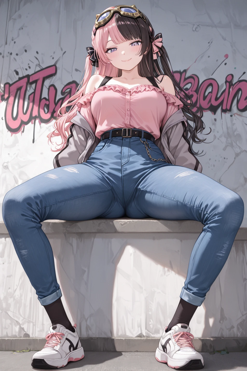 best quality, masterpiece, ultra-detailed, illustration, dynamic pose, a close up of a woman sitting on a chair with a cat, 1girl, powerdef, sharp teeth, cross-shaped pupils, trending on devianart,  trending on artstation, deviantart, artstation, ig model, looking at viewer, (evil smile), close-up shot, thick thighs, big breasts, big ass, wide hips, hip dip, underboob, pink tank top hoodie, long sleeves, long white socks, jean shorts, glossy lips, cinematic lighting, volumetric lighting, vibrant colors, ray tracing, intricate details in 8k or 4k resolution