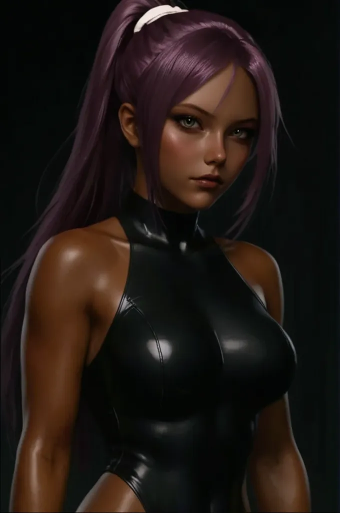 Long Hair,Red hair,ponytail,(Hair on one eye:0.8),(Dark Skinned female:1.2), (Dark Skin:1.1),Bodysuits,Big Breasts,Shiny skin,White background
 