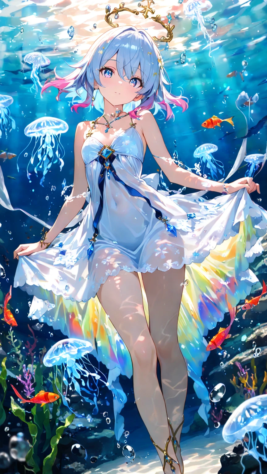 A sea elf-style VTuber character with long ears and blue-green hair.。Her hair is wavy and curly、Small shells and pearls are adorned here and there.。The outfit is designed to resemble the flow of light water.、A transparent cloth is wrapped around the shoulders and waist.。In the background、Transparent water bubbles and coral reefs spread out、Creates a fantastic atmosphere。