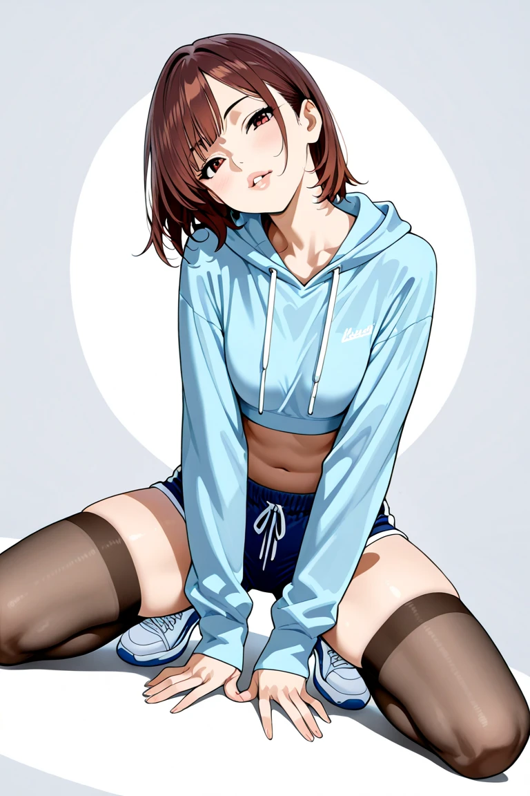 (((masterpiece, best quality, ultra highres, 1 girl, solo, no background))), super detailed skin and face and eyes and finger, beautiful japanese woman, small breasts:1.5, skinny, light brown hair, white background, very short curly pixie hair, (an illustration of girl), Knee shot, Generate with illustrations, Various expressions, Various poses, Please draw the entire character within the frame, ensuring that the head, arms, and legs are not cut off. The background should be simple, with the character positioned centrally, outline, anime, hoodie, underwear,