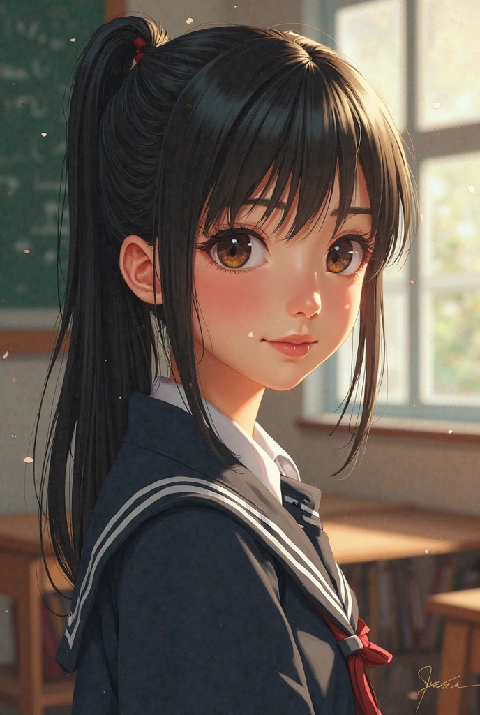 Anime girl with long hair sitting on a bench in front of a window ...