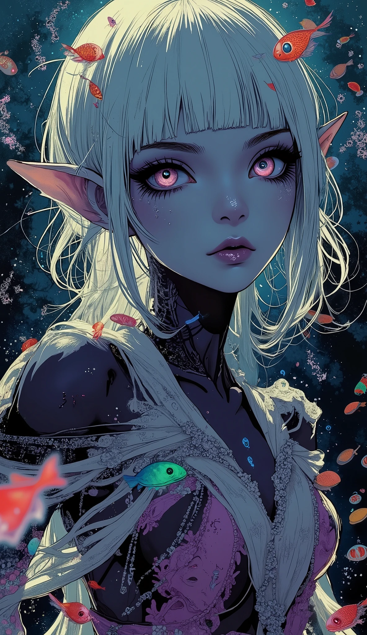 (A fusion of Ukiyo-e and dark fantasy. Aesthetic and gothic digital art. Draw a detailed face. Look away.) BREAK
(Transparent white hair. Blunt bangs. White eyebrows. Long white eyelashes. Almond-shaped eyes. Lavender-colored eyes. Thick, dark eyeliner. Small pink lips. Slightly pointed ears. Dark purple skin. Thin limbs. Thin fingers. White nails. Draw one thumb and four fingers accurately.) BREAK
(Dark elf female dancers swim sideways in the deep, dark sea, twisting their bodies as they dance, illuminated by deep-sea fish and jellyfish that glow like red, blue, yellow, and green neon lights. On the seabed table, you can see delicious-looking wine and finger food. Their costumes are colorful belly dance outfits made of sheer material in the style of 15th-century Turkish Gypsies. Please depict the scene from above, looking down on the dark deep-sea party.)