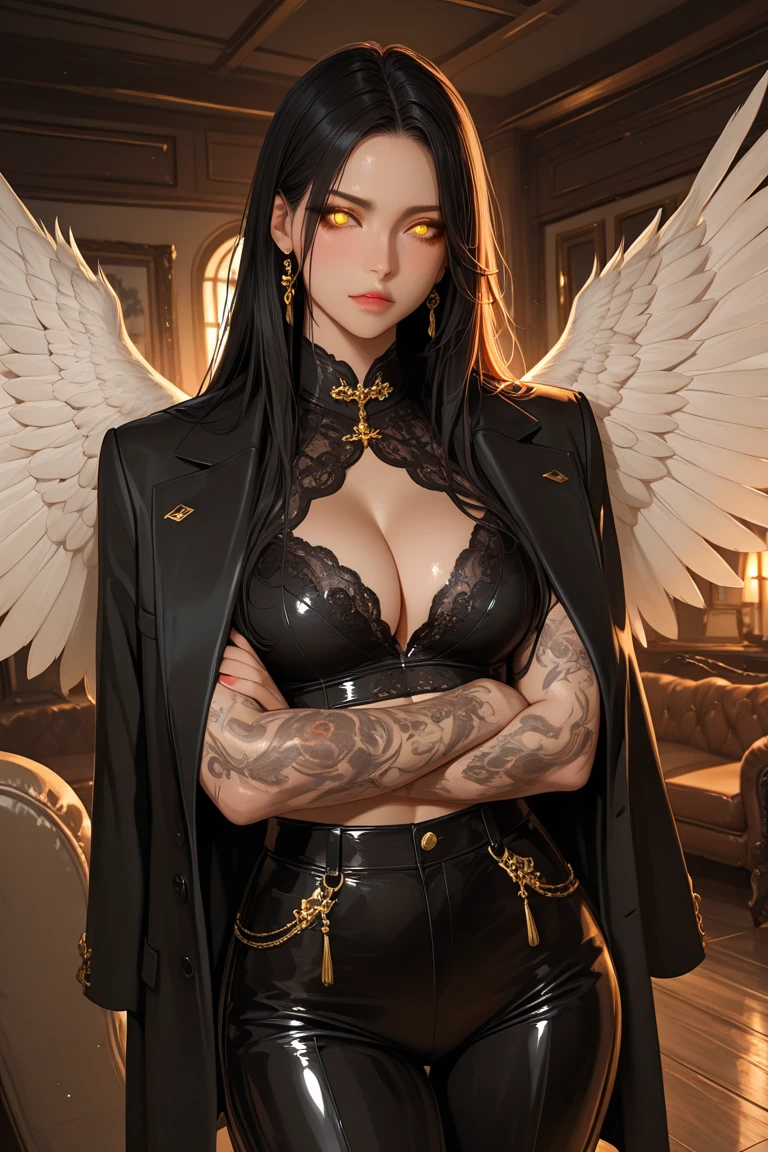 (Full body picture), 1 fantasy goddess, stripping, (taking off her clothes), undressing, (goddess standing over me), absolutely gorgeous, slim, athletic, stunningly sexy, (messy pixie cut hair), (detailed long black raven feather ress:1.2), black thin lipstick, punk goth aesthetic, tattoos, gold earings, long black claws, raven wing halo, confident smile, (dark hair), (detailed eyes and face:1.2), (detailed golden eyes:1.1), detailed skin, beautiful detailed glow, sharp focus, 4k, (detailed face and eyes:1.2), (masterpiece), (focus light), depth of field, high quality anime image, Bayonetta.