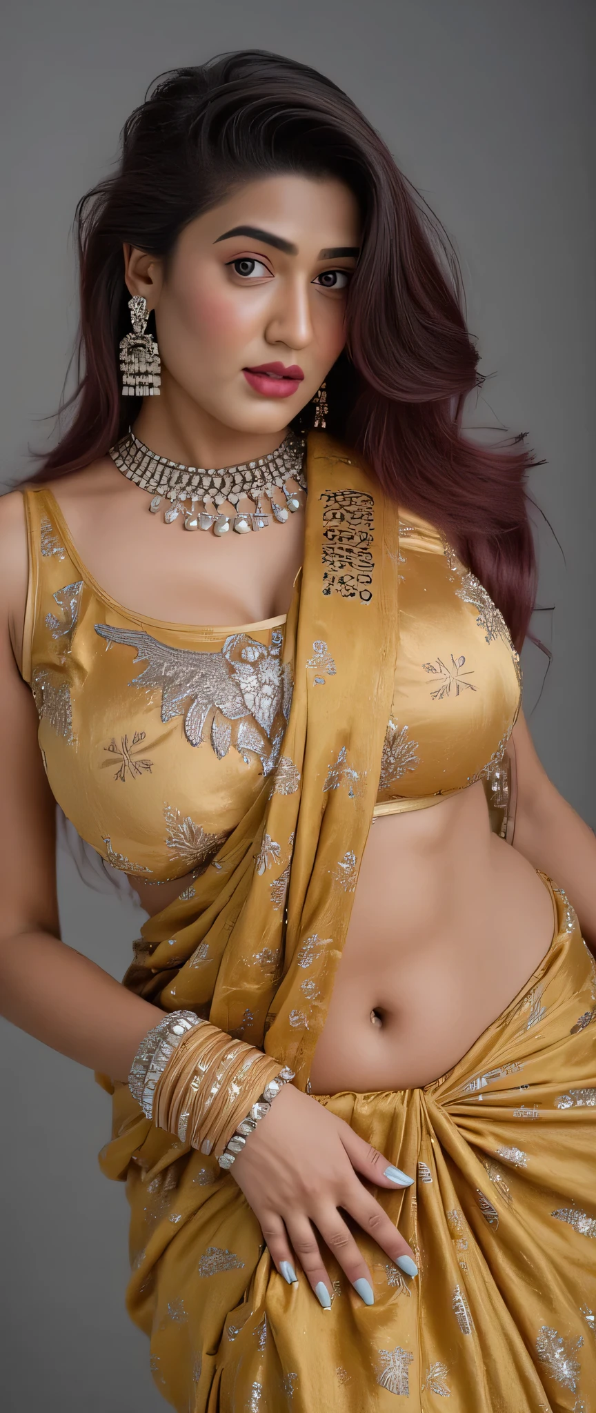 perfect pink eyes, fantastic face, Indian, beautiful look, ((red lips, bright eyes, curve heir 1.5)), ((beautiful details very big breast )), (Straight round and ultra huge clevage, not sagging breast), A glorious gorgeous, glorious gorgeous face, pretty face, bright eyes, detailed elegant golden printed saree and silver work, sexy long hair style beautiful,blurred gray tones background, ultra focus, face ilumined, face detailed, 8k resolution, painted, dry brush, brush strokes, razumov style and garmash style, by Tokaito, ((Full Open )), navel show erotic