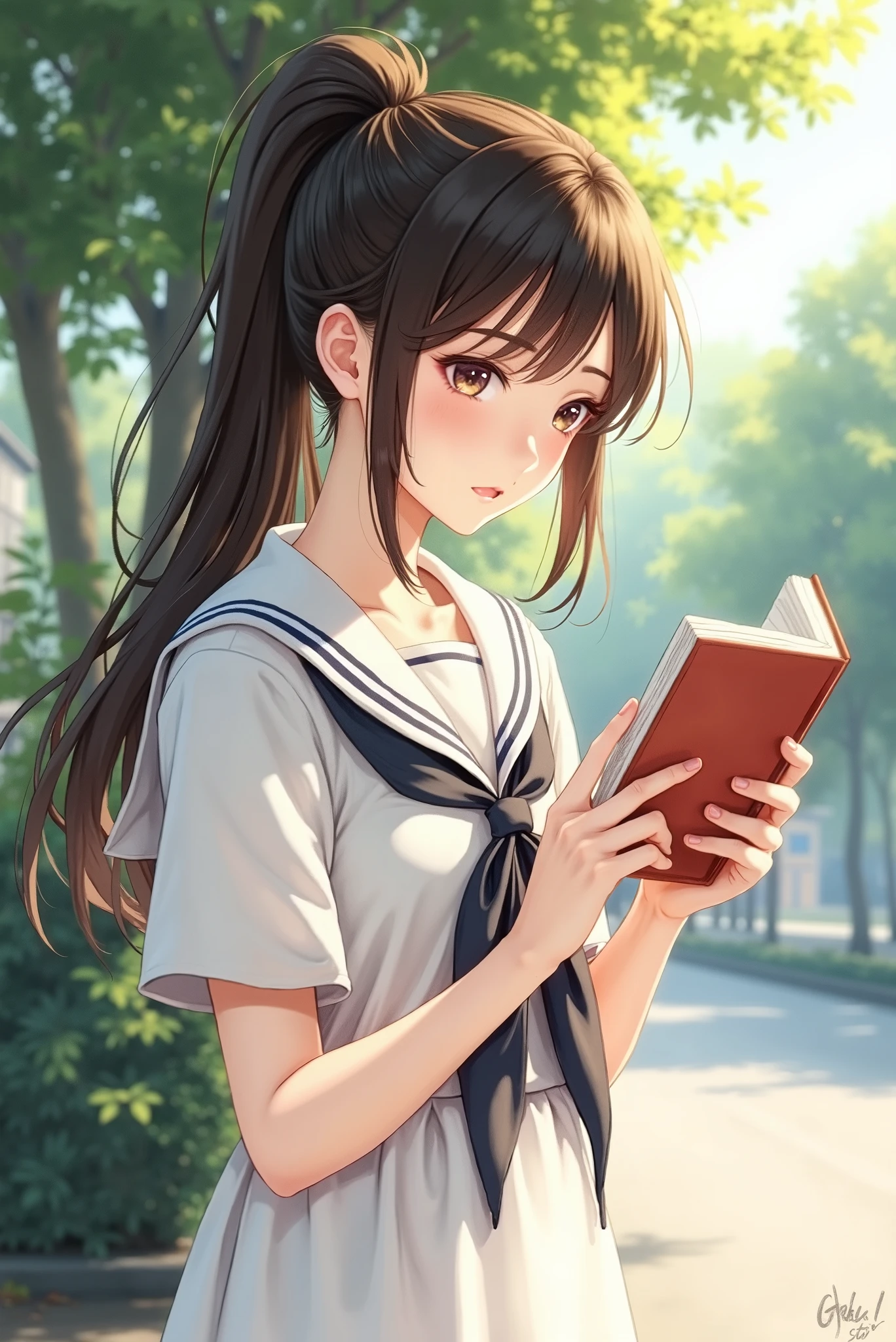 A beautiful girl is sitting at the bus stop reading a paperback book, girl wearing a beautiful white sailor mini dress has brown hair and a high ponytail、美しい白いセーラーミニワンピースを着ている