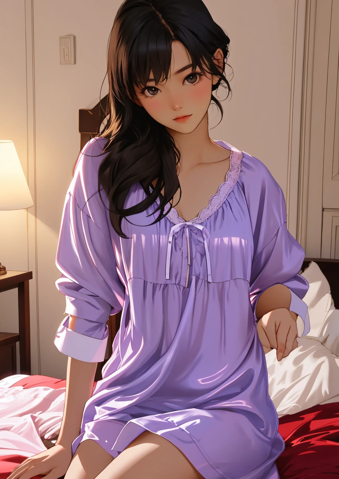 Wearing sexy pajamas, graceful figure, coquettish, study room, sofa, random enchanting movements, facing the camera, imaginative, first love