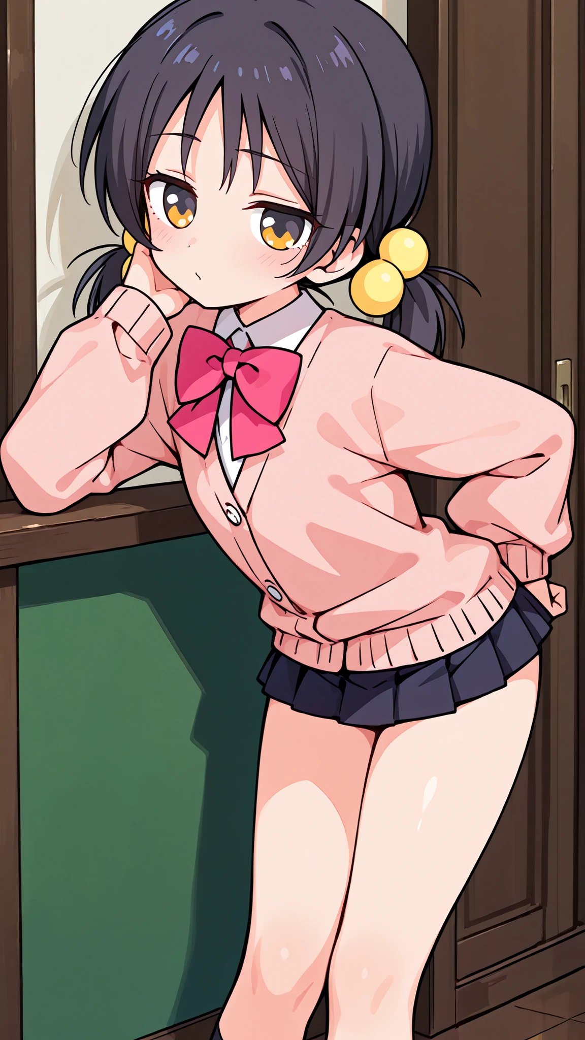 ((anime style)),nsfw,score_9, score_8_up, score_7_up, source_anime,high quality,detailed,high resolution,best quality,best detailed girl,masterpiece, 1girl , ((solo)),Kaai Yuki, a girl with dark hair, twin pigtails,cartoon-style outfit, light pink cardigan with a dark pink bow tie, (((((((black mini skirt))))))),white sox,brown loafers,Art, Artstyle, Artist,(((A glimpse of her thighs))),