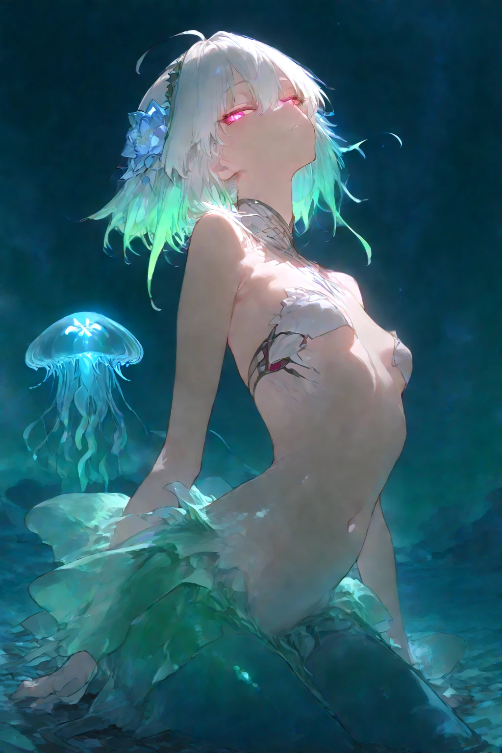 Anime, 20 years old, 1 girl,flat chest,dark skin, tan,(Jellyfish girl:1.2), red eyes, arms behind back,under the water, silver hair, very short hair, {{blue highlights in hair}},blue barrette, topless, bottomless, completely nude, spread legs, spread vaginal, spread pussy, {{{vulgarity}}}, jellyfish in pussy