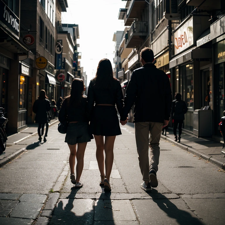 A hyperrealistic award winning studio photography full contrast pro color grading soft shadow clean sharp focus film photography of a young couple holding hands and walking through a bustling city street, their faces radiating happiness and excitement.