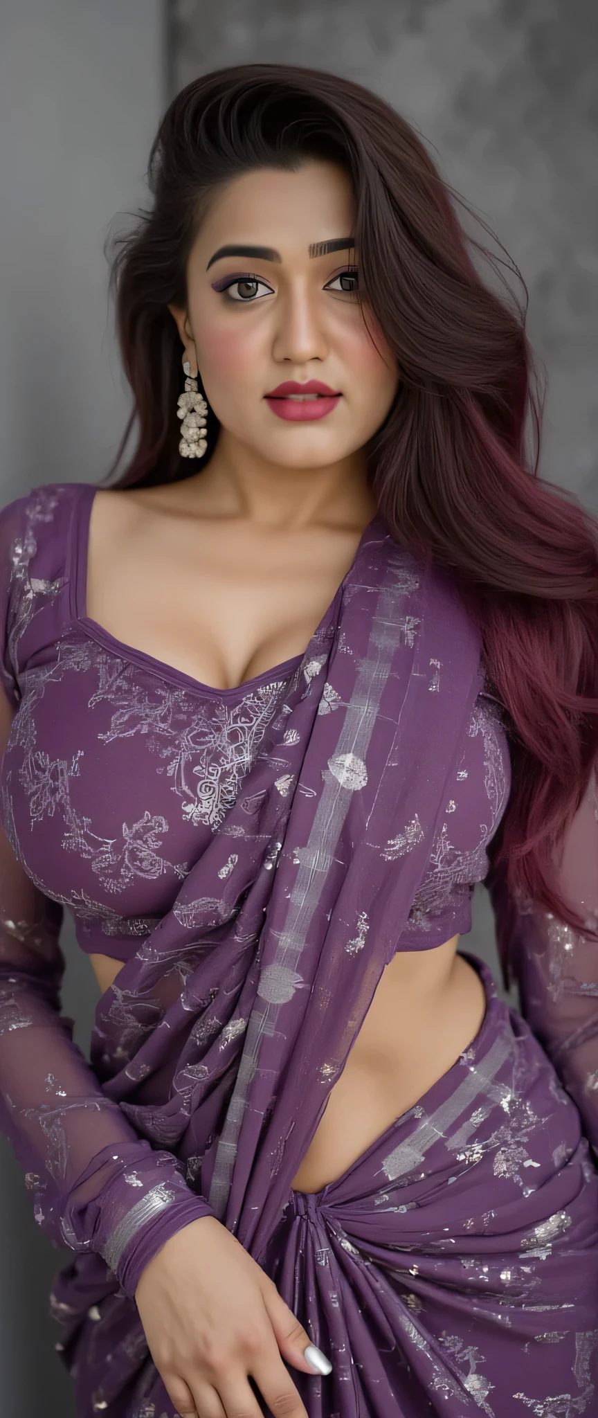 perfect pink eyes, fantastic face, Indian, beautiful look, ((red lips, bright eyes, curve heir 1.5)), ((beautiful details very big breast )), (Straight round and ultra huge clevage, not sagging breast), A glorious gorgeous, glorious gorgeous face, pretty face, bright eyes, detailed elegant printed violet saree and silver work, sexy long hair style beautiful,blurred gray tones background, ultra focus, face illuminated, face detailed, 8k resolution, painted, dry brush, brush strokes, razumov style and garmash style, by Tokaito, ((Full Open )), navel show erotic looks seductive poses