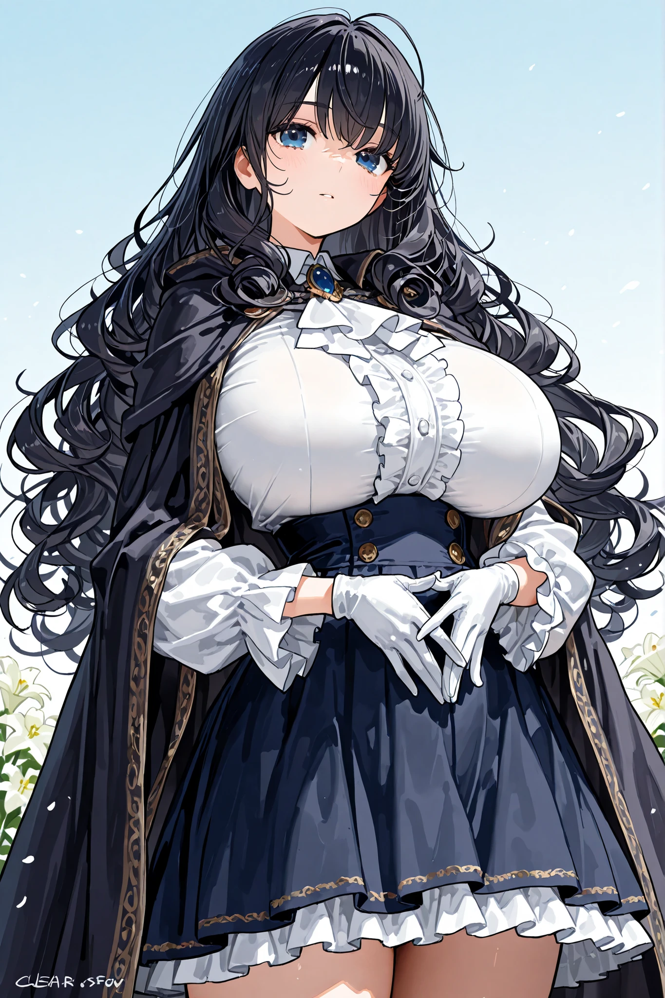 {{{{{{{{{{hamada yoshikazu}}}}}}}}}},,1 woman 、curly hair、Large amount of hair、dark haired、Holding a white lily with both hands、clear sky、huge 、 masterpiece, Highly detailed , white gloves、cloak、frilled skirt, frilled sleeves, frilled shirt, high-waist skirt,, Blue Eyes、Gradated Eyes、4K Works, Highest Quality ,１６age 、