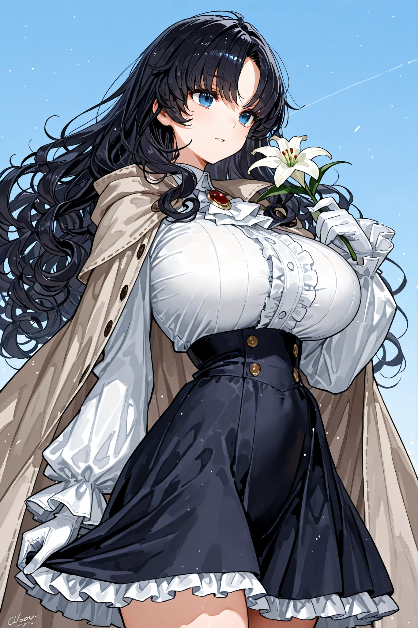 {{{{{{{{{{hamada yoshikazu}}}}}}}}}},,1 woman 、curly hair、Large amount of hair、dark haired、Holding a white lily with both hands、clear sky、huge 、 masterpiece, Highly detailed , white gloves、cloak、frilled skirt, frilled sleeves, frilled shirt, high-waist skirt,, Blue Eyes、Gradated Eyes、4K Works, Highest Quality ,16age 、