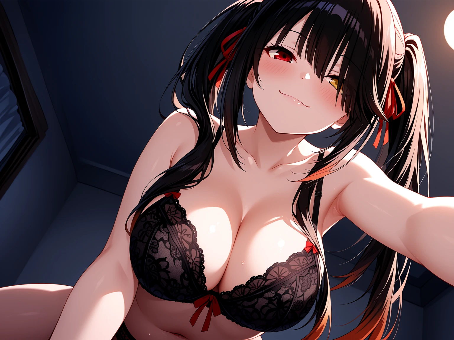 ((((red bra)))), Very detailed、highest quality、Best image quality、masterpiece、8k、Anime Face、A kind smile、Open Mouth、((black long hair:1.5))、huge breast, sexy、 beautiful body 、Cowboy Shot, Sexual Intercourse, ((blue eyes)), hotel bedroom, ((( Jeans))), 