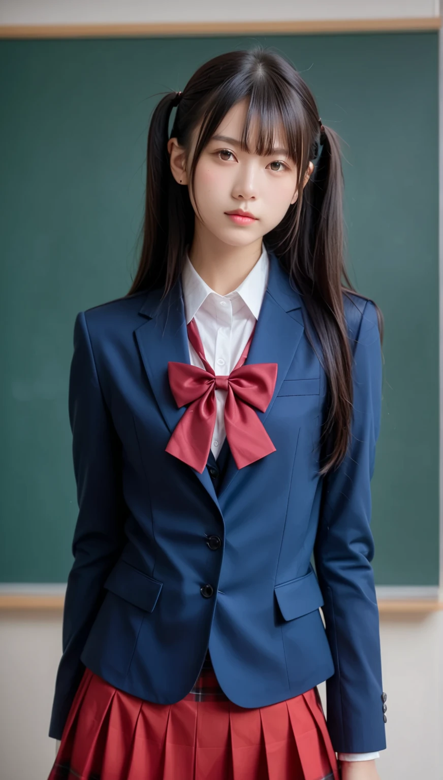 8K raw photos，hight resolution，Age21 Japan，large round chest，校服，tiese，Tie Ribbon，Blazer jacket，Super skirt，beautiful eyes in detail，long eyelasher，beautiful double eyelid，eyeshadows，slit-eyes，Sanpaku eyes，Dark Eye Makeup，evil smile，Beautiful thin legs，High Ponytail，耳Nipple Ring，school classrooms