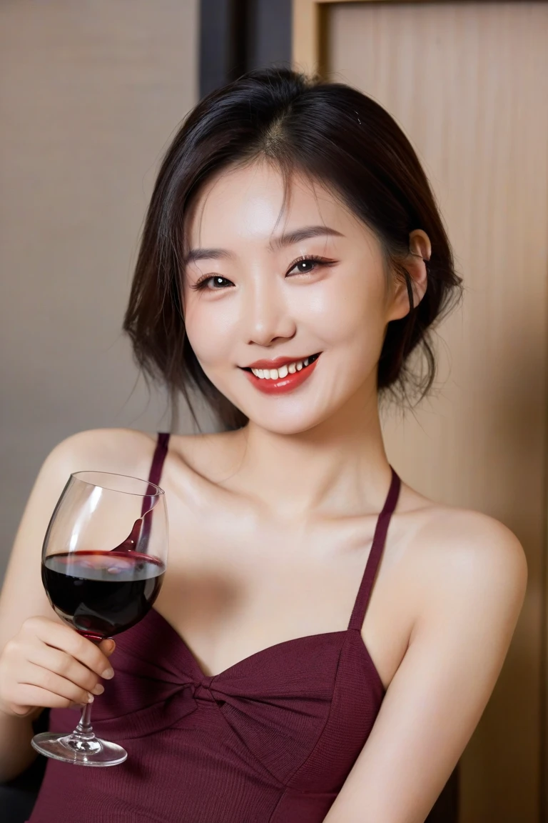  A beautiful (Korean woman), ((standing on the balcony)) of a luxury condo in Pattaya. The warm smile on her face was ((accentuated)) by the beautiful atmosphere of the bustling tourist city. She ((held a glass of red wine)) in her hand, ((adding to the charm)) of the moment.