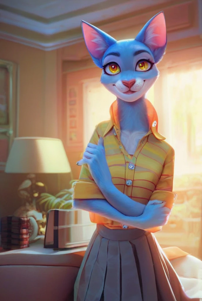 ((ultra quality)), ((tmasterpiece)), Girl-khajiit, Nicole Watterson, milf, anthro cat, furry cat, ((there are only cat ears, no others)), ((there is a cat's short tail in the back)), ((Face Clean)), Beautiful cute face, beautiful female lips, charming beauty, ((seductive facial expression)), looks tenderly at the camera with his eyes slightly closed, ((skin color blue)), ((blue wool)), Body glare, ((detailed beautiful female eyes)), ((dark brown eyes)), beautiful female hands, ((perfect female figure)), ideal female body shapes, Beautiful waist, big thighs, Beautiful butt, ((presenting her pussy by rolling up skirt above taili)), ((Subtle and beautiful)), standing seductively at the entrance to the house, ((Nicole Watterson clothes, ((grey rolled up skirt)), white short-sleeved shirt, with an open neckline), background: ordinary American house, It's sunset on the street, evening, ((Depth of field)), ((high quality clear image)), ((crisp details)), ((higly detailed)), Realistic, Professional Photo Session, ((Clear Focus)), ((cartoon)), the anime, NSFW