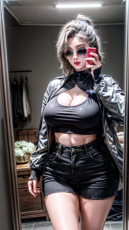 straight-on,pose,looking at viewer,solo, BREAK, 3d,
red hair, short hair, green eyes, breasts, makeup, lipstick, red lips, large breasts, narrow waist, curvy, bob cut, lips,
choker, jewelry, necklace, black choker, midriff, blue shirt, crop top, long sleeves, navel, black_pants, jeans, denim, wristband,
BREAK, official art, highres, scenery, (masterpiece:1.1), (best quality,:1.1), (high quality:1.1), (anime screencap:1.2),
