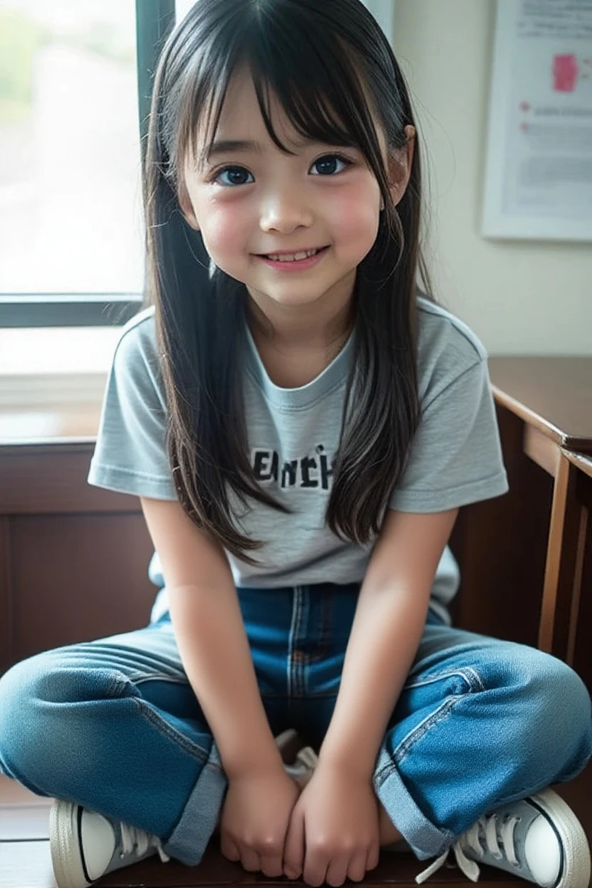 Best-quality, Masterpiece, Ultra-High-Resolution, (Photorealistic:1.4), Raw-Photo, 1girl, ((5-years-old)), the most famous Japanese child-actress, wearing only childish-underwear with cute-design, ((extremely cute face like the most popular Japanese child-actress, extremely childish-face, ((extremely beautiful big-black-eyes)), extremely cute hairstyle, extremely beautiful hair, extremely beautiful skins)), extremely beautiful childish-body, extremely beautiful childish-thighs, innocent-smile
