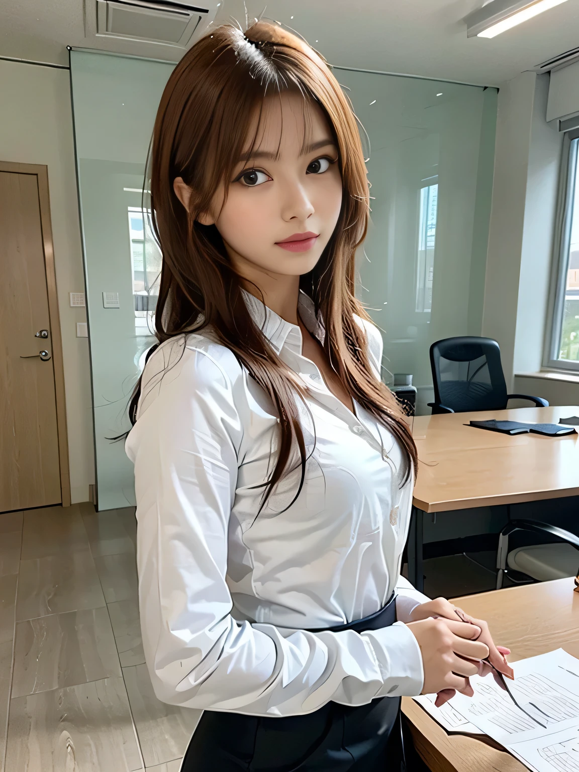 (1young woman), kawaii face, (highly detailed face), Amazing face and eyes, (Best Quality:1.4), (Ultra-detailed), (extremely detailed CG unified 8k wallpaper), Highly detailed, High-definition raw color photos, Professional Photography, Realistic portrait, Amazing face and eyes, Pink eyes, indoors, office, (office lady, button shirt, ,:1.3), brown hair, model, depth of fields, (fine face:1.2),