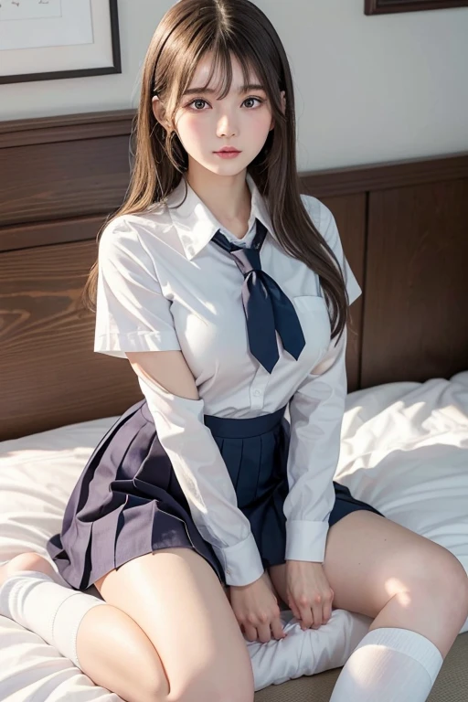 Highest quality, 16K high resolution, super detailed, masterpiece, Capture directly, reality:1.4, surreal:1.4, Sharp focus, very delicate and beautiful, small detail, 1 female, (Asia:1.2), (red hair), (tie your hair to the right), (spread) your leg:1.3), (no underwear:1.3), (NSFW:1.1), (sit down and pee on the bed), (supper beautifull), (Nice face:1.5), (Hair tied in 2 ponytails, wear socks), (detailed face), (beautiful and beautiful eyes), Perfect round eyes, (detailed lips), Lipstick, (eye liner), mascara, eye shadow, (White pen skirt see through white vest), White shirt, tie, At NSFW, big breasts, pink nipples, The girl inserted her hand into her vagina, girl touching her chest, gun, big breasts F cup, sit down and pee on the bed