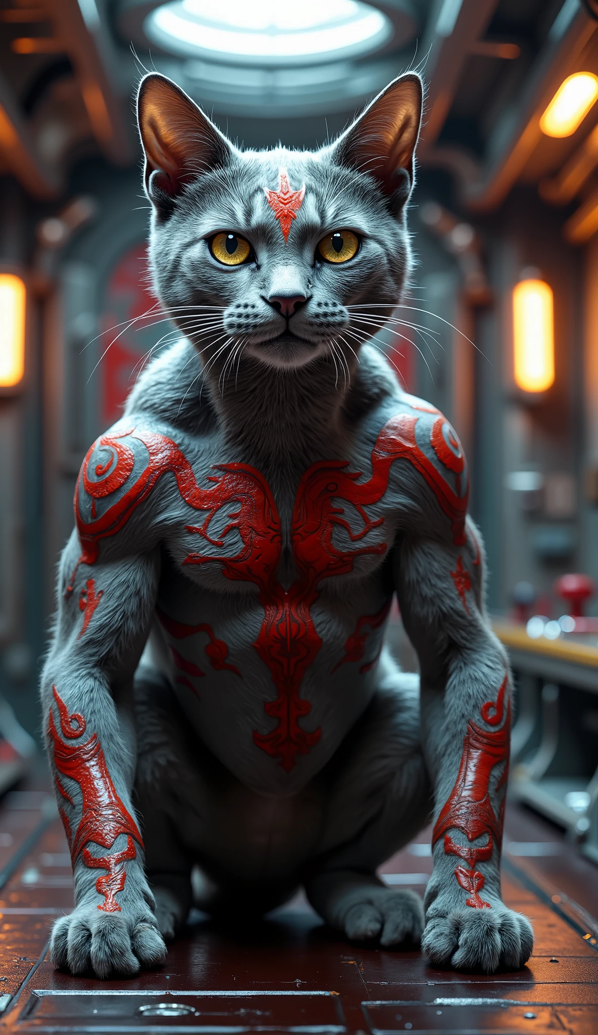 “Create a highly detailed HD image of a cat in the form of Marvel’s Drax the Destroyer, muscular feline body with grey fur and intricate red tattoos across its face and body. The cat has a fierce but slightly humorous expression, showing Drax’s fearless personality. Background is a futuristic spaceship room with metallic walls, glowing panels, and cosmic lights shining through windows. Add cinematic lighting, sharp details, and a realistic style to emphasize the textures of fur, tattoos, and spaceship environment.”