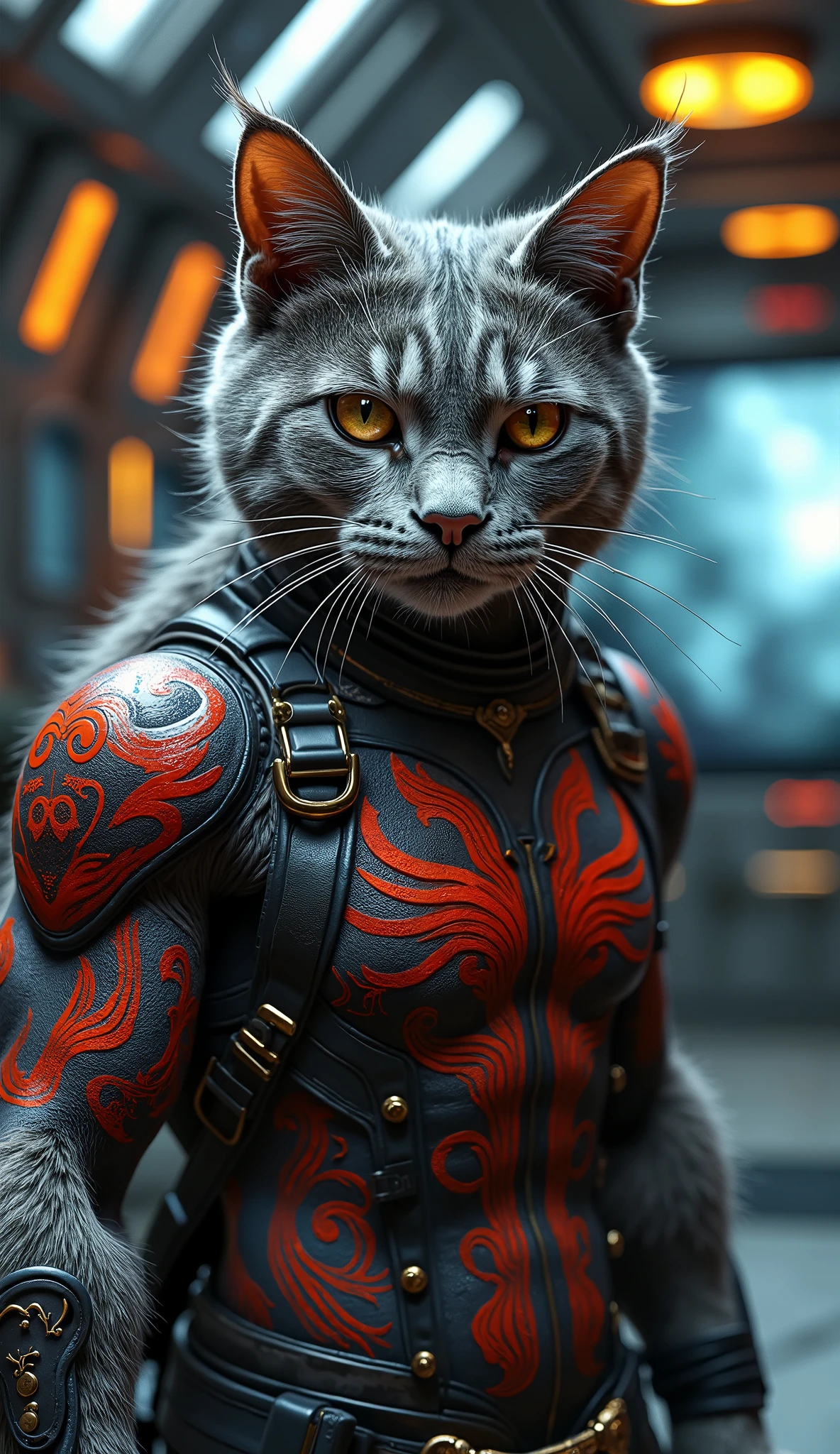 “Create a highly detailed HD image of a cat in the form of Marvel’s Drax the Destroyer, muscular feline body with grey fur and intricate red tattoos across its face and body. The cat has a fierce but slightly humorous expression, showing Drax’s fearless personality. Background is a futuristic spaceship room with metallic walls, glowing panels, and cosmic lights shining through windows. Add cinematic lighting, sharp details, and a realistic style to emphasize the textures of fur, tattoos, and spaceship environment.”