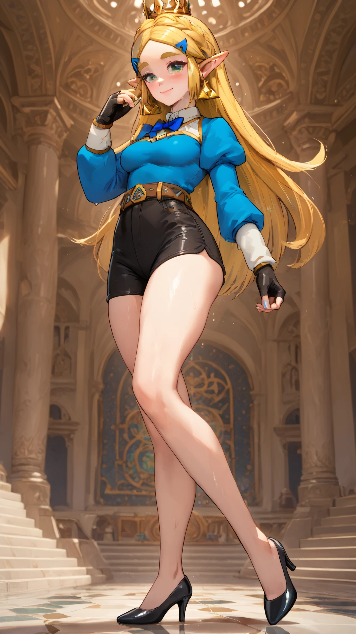 A young girl with curly blonde hair, pale skin, reddish lips, violet eyes, wearing the Ravenclaw uniform from Harry Potter, in an erotic pose showing her butt 