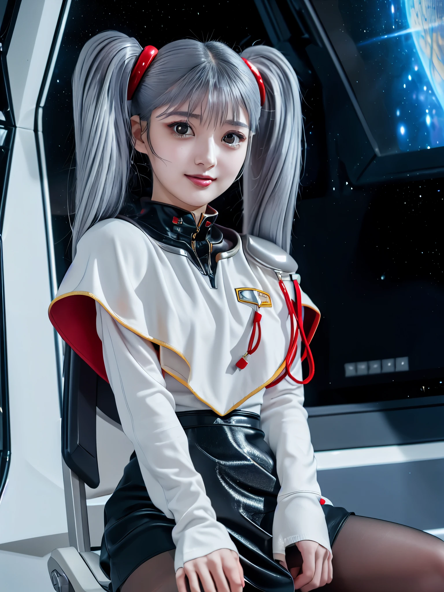 1girl, solo, 18 years old, beautiful girl, Japanese girl, (smile, Looking at camera), 
from above, from side, upper body, (Straddling a chair, Spread legs:1.3, Seductive pose, sexy pose), dynamic angle,
BREAK
bbruri, {white capelet, long sleeves, white gloves, ((black mini skirt:1.2, light gray pantyhose))},
BREAK
hoshino_ruri_(nadesico),  yellow eyes, (light White Purple hair:1.2, long strand between eyes:1.5, very long twintails), hair ornament, 
BREAK
(((spacecraft, space, indoors, mecha))),
(masterpiece, best quality:1.4), (8k, raw photo, photo realistic:1.2), cinematic lighting, soft lighting, shiny skin, detailed skin, detailed face, detailed eyes, (textured skin, skin pores:1.1),
pale skin, fair skin, photo of perfecteyes eyes, perfecteyes eyes,