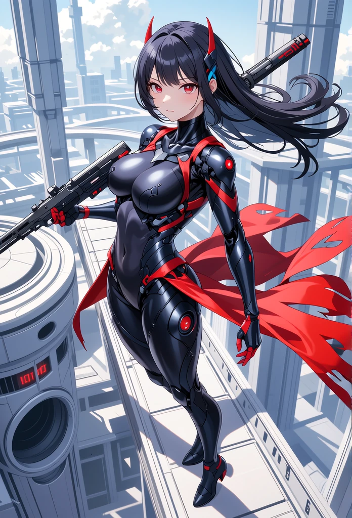 Red cyborg suit、17 years old、beautiful girl、ponytail、Black Hair、fight、blue beam、H Cup、Sparks fly,