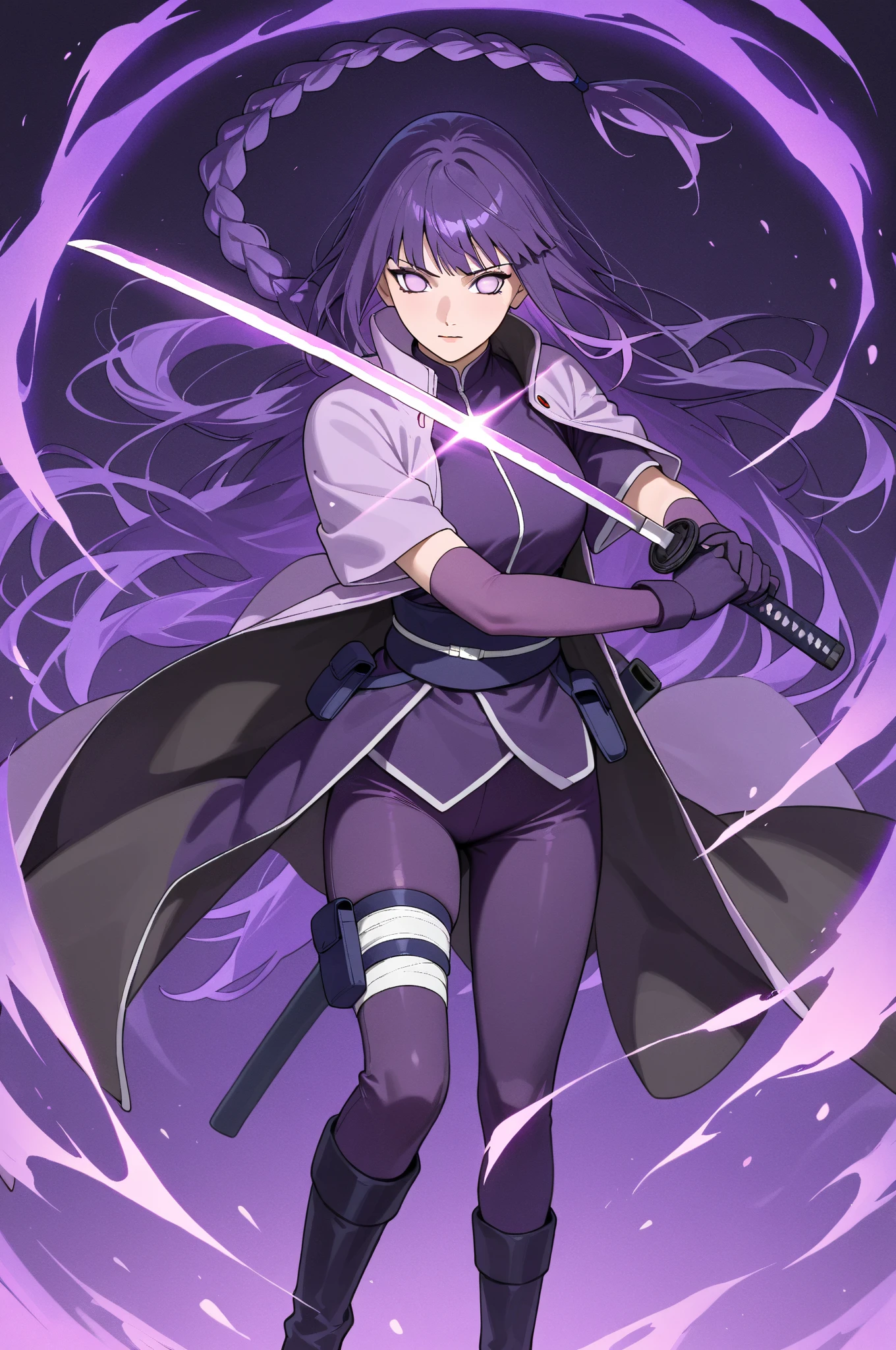 Anime girl with long purple hair holding a sword in front of a circular ...