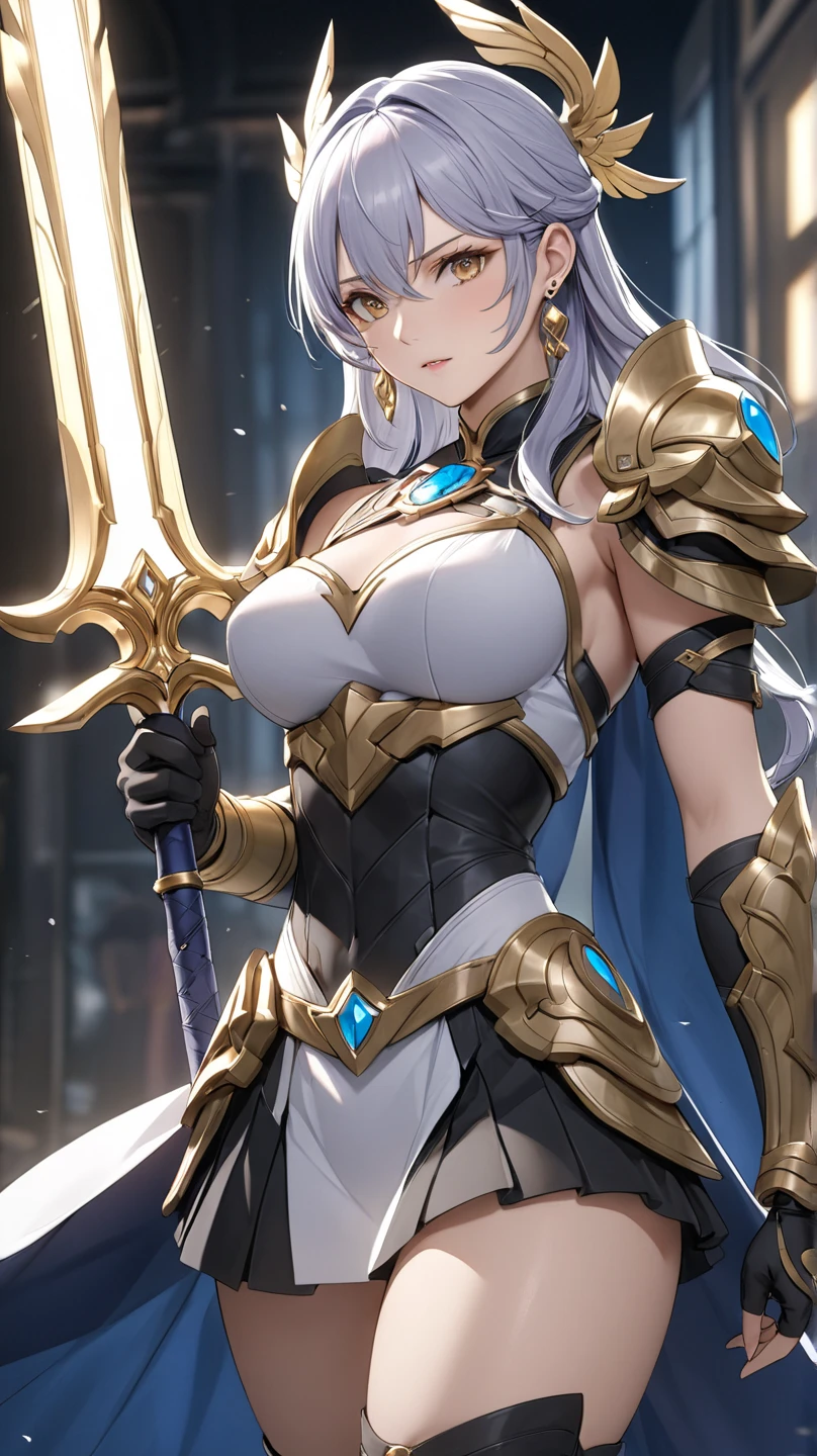 (1 mature muscular female paladin,Gorgeous Paladin Armor,arm guards,Leg Guards,Head dress,25-years old), ((castle,The King's Chamber)),(Smile),Dynamic Pose,Dynamic Angle,Navel,pose for photo,From below