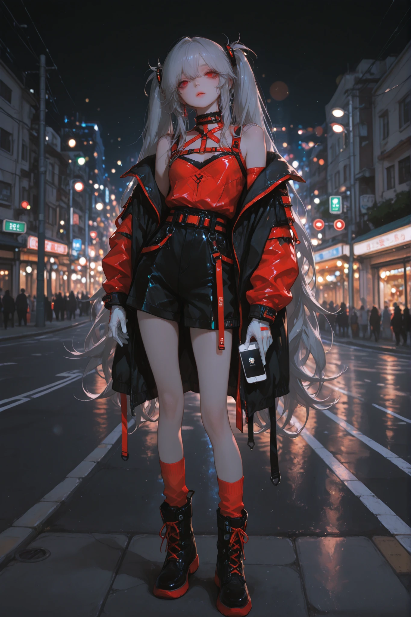 masterpiece, Highest Quality, great quality, absurd, 8k, Exquisite Details, very detailed, illustration, Newest, 1girl, empty eyes, red eyes, gray hair, Extremely Long Hair, twin tail, medium chest, male is good clothes, is good fashion, Complicated clothes, intricate accessories, Complex Pattern, is good, Stylish, red top, Shoulders, doing crop-top, 白いshorts, shorts、with neon trim, intricate socks, asymmetrical socks , Complex boots, Short Boots, black boots, single gloves, white gloves, solo, rimless, tilts its neck over a woman, dynamic shots, Dynamic view, dynamic composition, (dynamic pose:1.3), motion blur, Outdoors, Modern city, City Light, Standing on the Street at Night,  Blurry Traffic Lights , staring at camera, natural pose, bokeh background, realistic lighting, Candy Atmosphere, iPhone Shooting Style, shot on iphone, cell phone photo, POV, Glittering, sparkling, aegyo sal,  Korean art , photorealistic, digital painting style with neon trim, slight light, soft writing, delicate touch, Shining Eyes, Fine Lashes, long eyelashes,