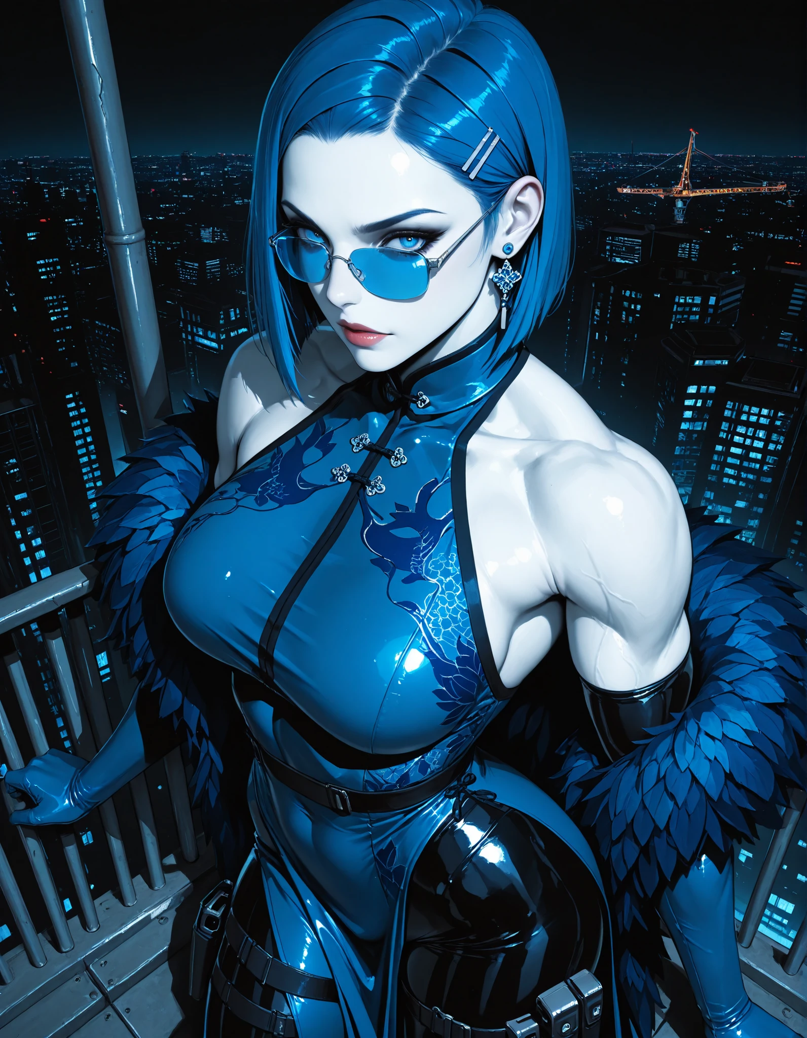 Livewire,blue hair ,spiked hair,blue eyes,pale skin, smiling, sexy,
LiveBB,leotard,black thighhighs,blue gloves,black elbow gloves ,thigh boots, cleavage, thighs, eye paint,
electricity , night city,
(insanely detailed, beautiful detailed face, masterpiece, best quality) <lora:Livewire:0.8>