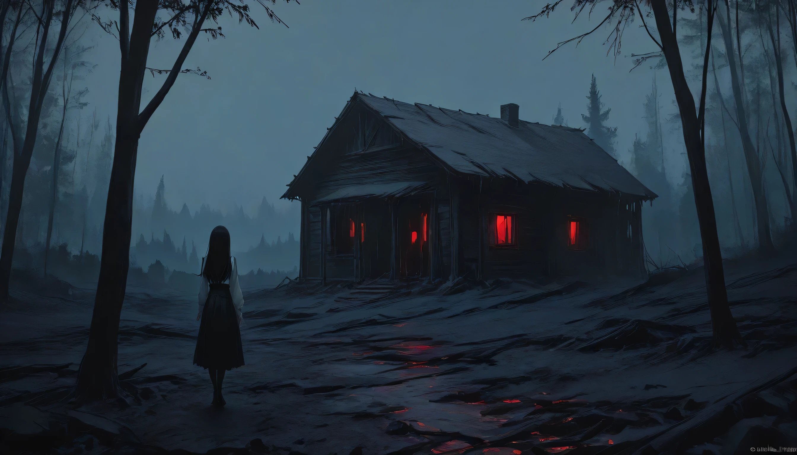 score_9, score_8_up, score_7_up, score_6_up, score_5_up, score_4_up, Landscape image, ((dark woods)), lone CABIN in the forest, high slope place, ((FAR AND DISTANT)), Landscape drawing, (UltraHD8K), (intricatedetails:1.1), masterpiece, best quality, amazing quality, belth, long hair, LowKeyLights, cinematic 8k, UHD, horror, grim , dark
