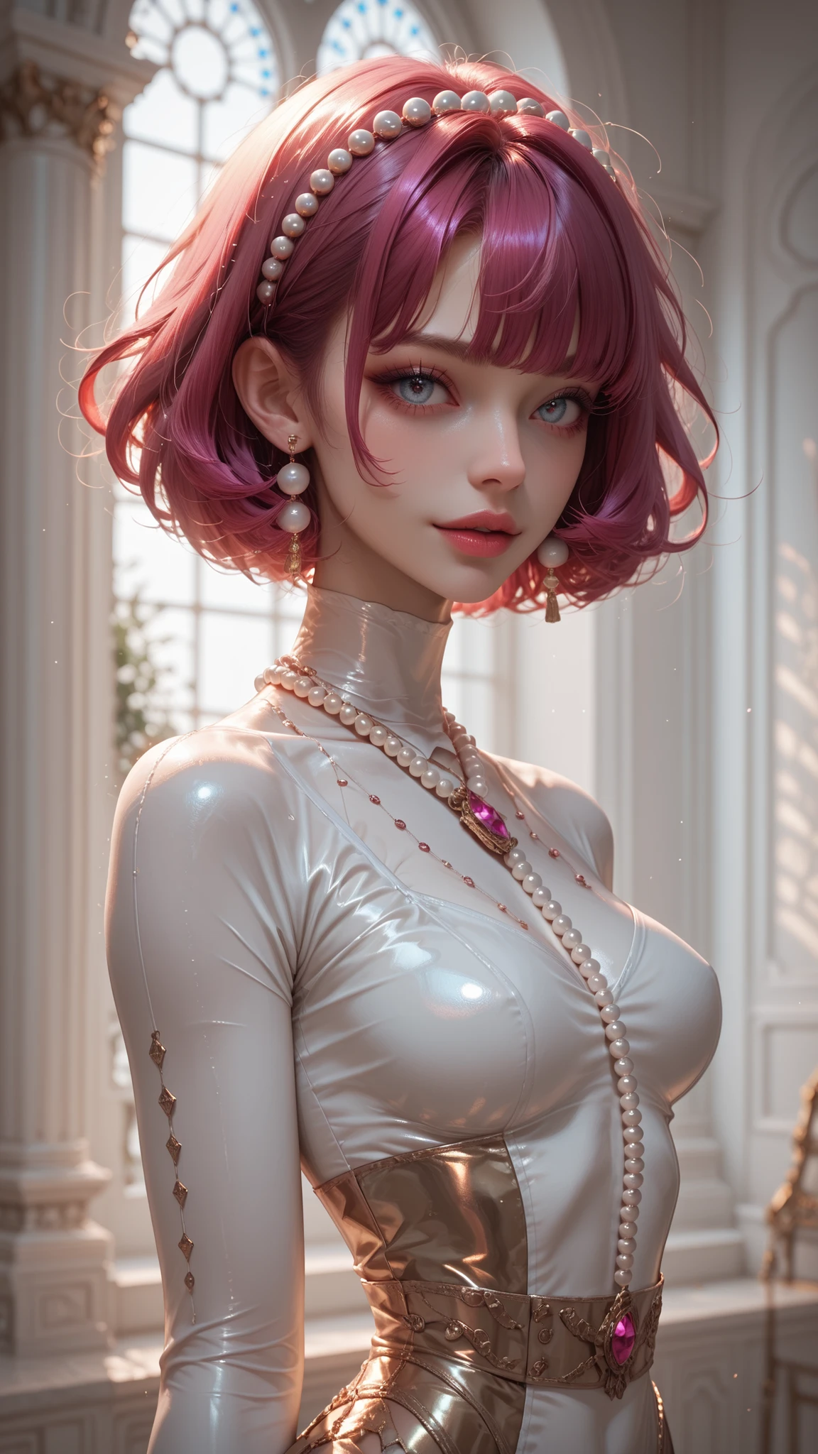 Highest Quality, masterpiece, like the picture, pearl accessory decoration, glamorous body line, sensual expression, moist , tight waist, Soft Curvy, Lustrous pearls, Studio Lighting, model pose, short hair