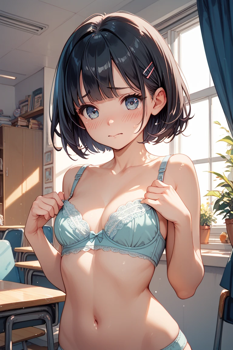 frame in, from right in front of face and body, view straight on, upper body, High quality, very high res, High quality, very high res, cute girl, brown hair, forehead, blunt bangs, bob cut, blush, blush, Brushed up bangs, see light blue polka dot bra, medium breasts, I can see your belly button, put your arms behind your back, unhook the bra, naughty way to sit, smile, at office