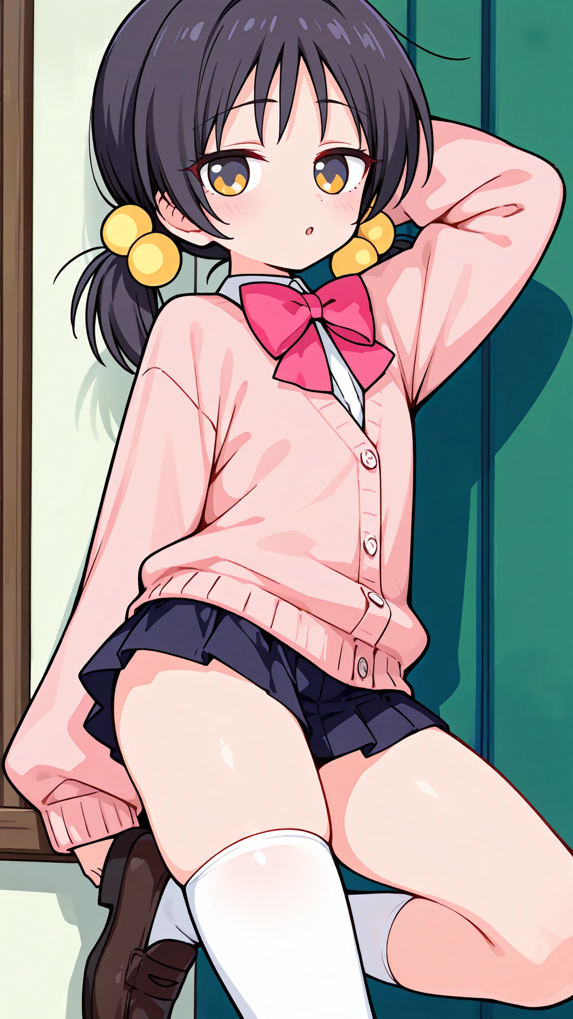 ((anime style)),nsfw,((sexy pose)),score_9, score_8_up, score_7_up, source_anime,high quality,detailed,high resolution,best quality,best detailed girl,masterpiece, 1girl , ((solo)),Kaai Yuki, a girl with dark hair, twin pigtails,cartoon-style outfit, light pink cardigan with a dark pink bow tie, (((((((((black mini skirt))))))))),(white sox),(brown loafers),Art, Artstyle, Artist,(((A glimpse of her thighs))),