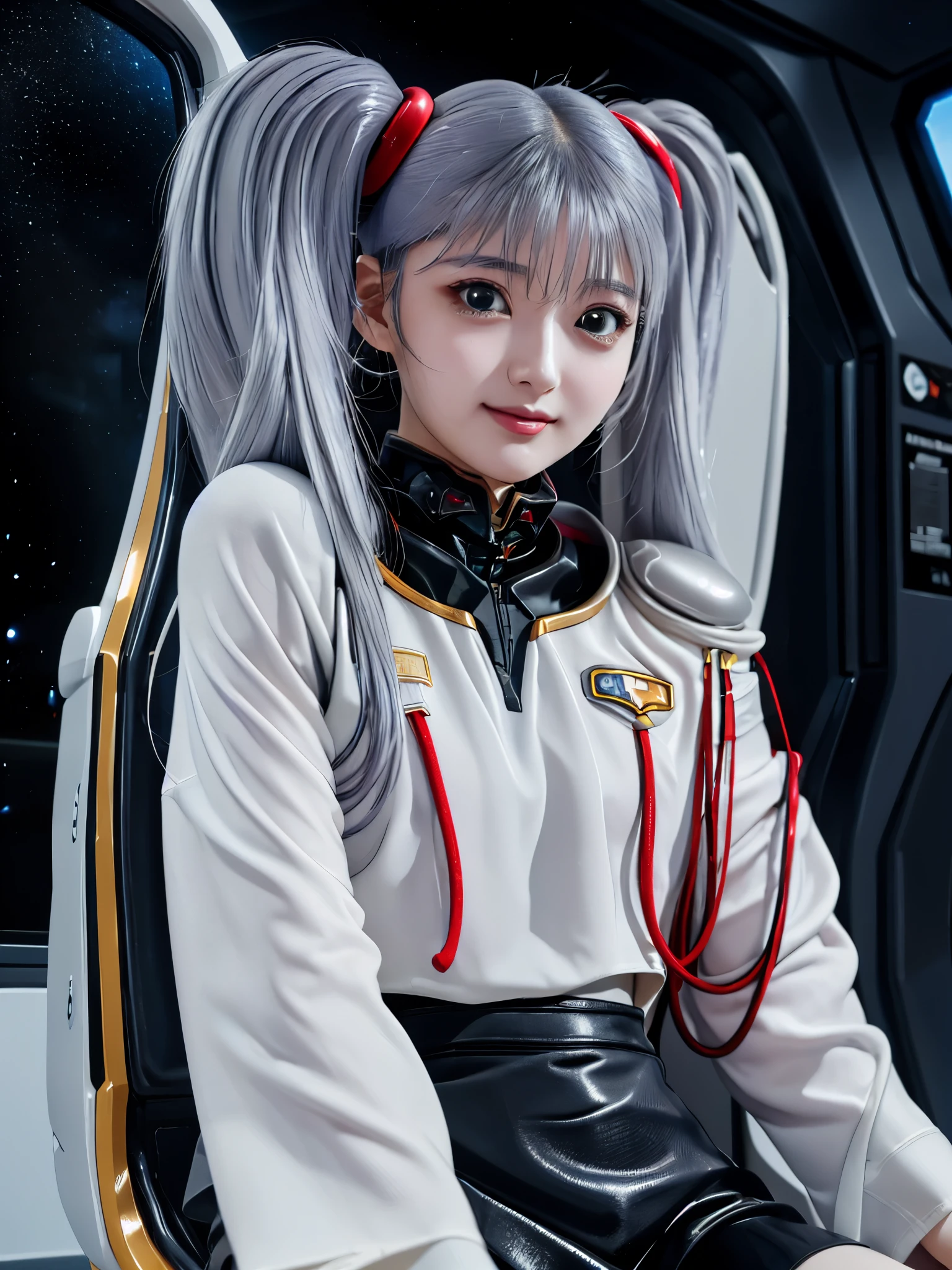 1girl, solo, 18 years old, beautiful girl, Japanese girl, (smile, Looking at camera),
from below, from side, upper body, (Straddling a chair, Spread legs, Seductive pose, sexy pose), dynamic angle,
BREAK
bbruri, {white capelet, long sleeves, white gloves, ((black mini skirt:1.2, light gray pantyhose))},
BREAK
hoshino_ruri_(nadesico), yellow eyes, (light White Purple hair:1.2, long strand between eyes:1.5, very long twintails), hair ornament,
BREAK
(((spacecraft, space, indoors, mecha))),
(masterpiece, best quality:1.4), (8k, raw photo, photo realistic:1.2), cinematic lighting, soft lighting, shiny skin, detailed skin, detailed face, detailed eyes, (textured skin, skin pores:1.1),
pale skin, fair skin, photo of perfecteyes eyes, perfecteyes eyes,