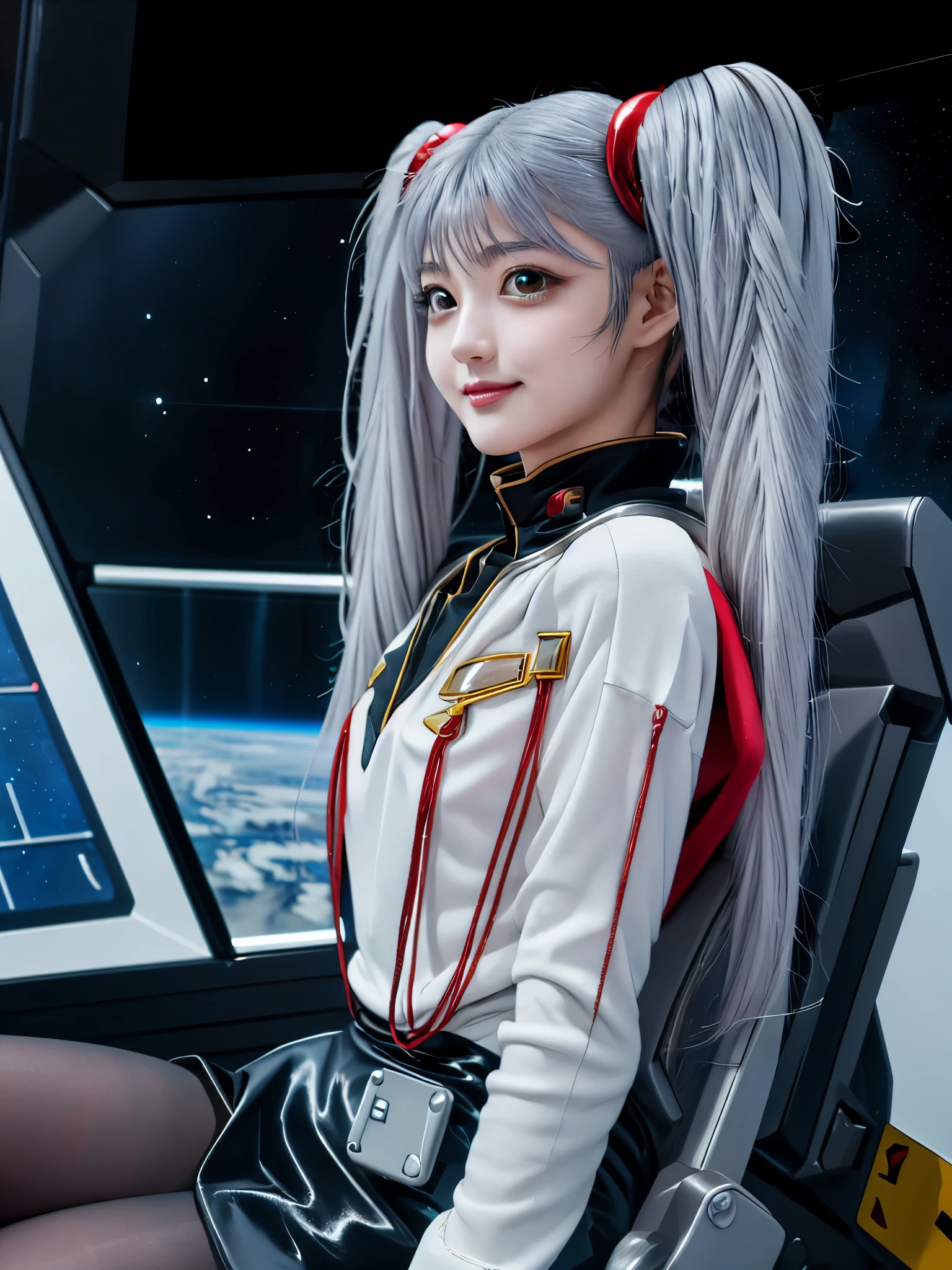 1girl, solo, 18 years old, beautiful girl, Japanese girl, (smile, Looking at camera),
from below, from side, upper body, (Straddling a chair, Spread legs, Seductive pose, sexy pose), dynamic angle,
BREAK
bbruri, {white capelet, long sleeves, white gloves, ((black mini skirt:1.2, light gray pantyhose))},
BREAK
hoshino_ruri_(nadesico), yellow eyes, (light White Purple hair:1.2, long strand between eyes:1.5, very long twintails), hair ornament,
BREAK
(((spacecraft, space, indoors, mecha))),
(masterpiece, best quality:1.4), (8k, raw photo, photo realistic:1.2), cinematic lighting, soft lighting, shiny skin, detailed skin, detailed face, detailed eyes, (textured skin, skin pores:1.1),
pale skin, fair skin, photo of perfecteyes eyes, perfecteyes eyes,