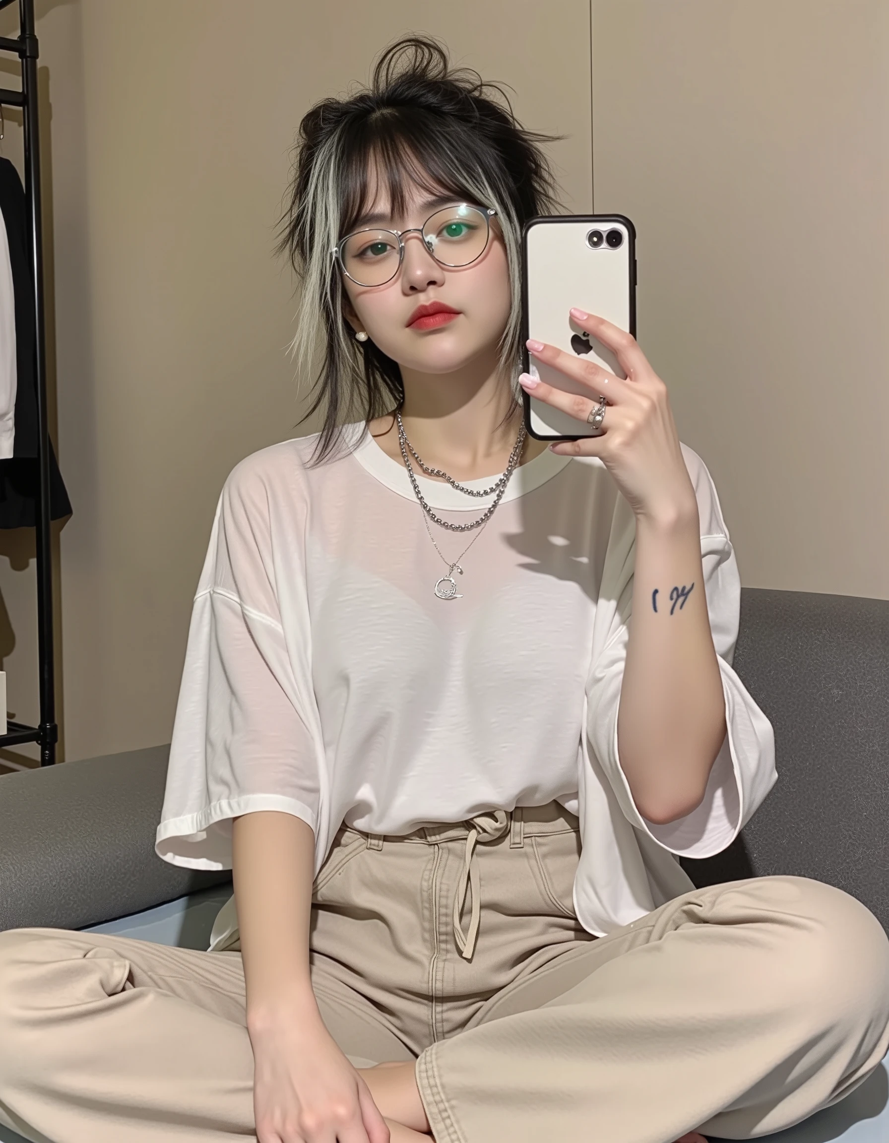 A young Korean woman, messy black hair and ((white highlights in the front)), wears thin-rimmed glasses and red lipstick, slightly curvy body, big lips. ((She is wearing a plain, transparent white t-shirt, loose beige trousers, and a silver chain necklace)). (She is sitting cross-legged on a grey bed or sofa holding a cell phone in her left hand, as if taking a selfie). Small tattoos are visible on her neck and both arms. The background is simple with a beige wall and a wardrobe on the left side of the picture. The overall style is edgy and casual. ((Ultra-realistic, RAW Photo, 8k, High detail)).