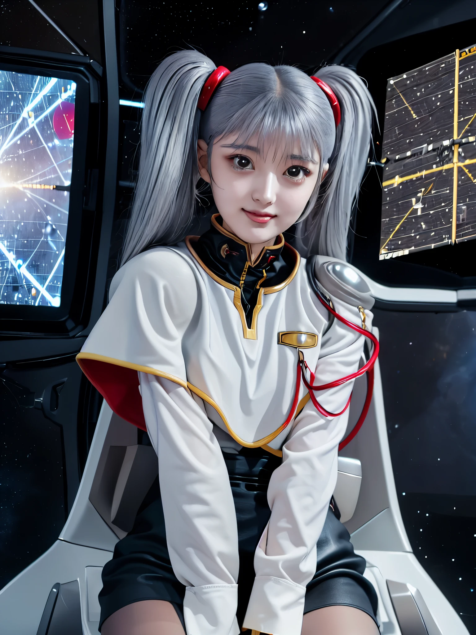 1girl, solo, 18 years old, beautiful girl, Japanese girl, (smile, Looking at camera), 
from below, from side, upper body, (Straddling a chair, Spread legs, Seductive pose, sexy pose), dynamic angle,
BREAK
bbruri, {white capelet, long sleeves, white gloves, ((black mini skirt:1.2, light gray pantyhose))},
BREAK
hoshino_ruri_(nadesico),  yellow eyes, (light White Purple hair:1.2, long strand between eyes:1.5, very long twintails), hair ornament, 
BREAK
(((spacecraft, space, indoors, mecha))),
(masterpiece, best quality:1.4), (8k, raw photo, photo realistic:1.2), cinematic lighting, soft lighting, shiny skin, detailed skin, detailed face, detailed eyes, (textured skin, skin pores:1.1),
pale skin, fair skin, photo of perfecteyes eyes, perfecteyes eyes,