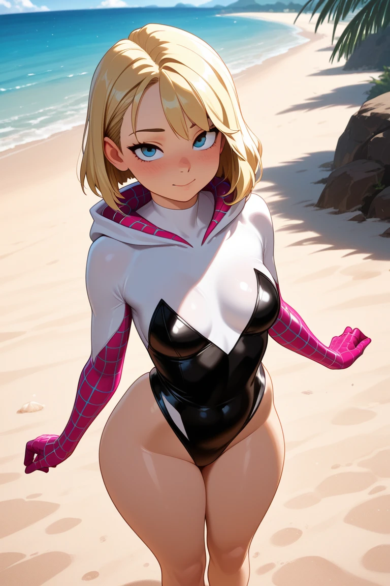 gwen stacy, blonde hair, short hair,undercut, asymmetrical hair, blue eyes, best quality ,masterpiece, beach, outdoor , naked ,looking at viewer, extremely detailed eyes , 4k ,bare shoulder , bare neck , criss-cross halter, from behind, <lora:gwen_1.5:0.68>