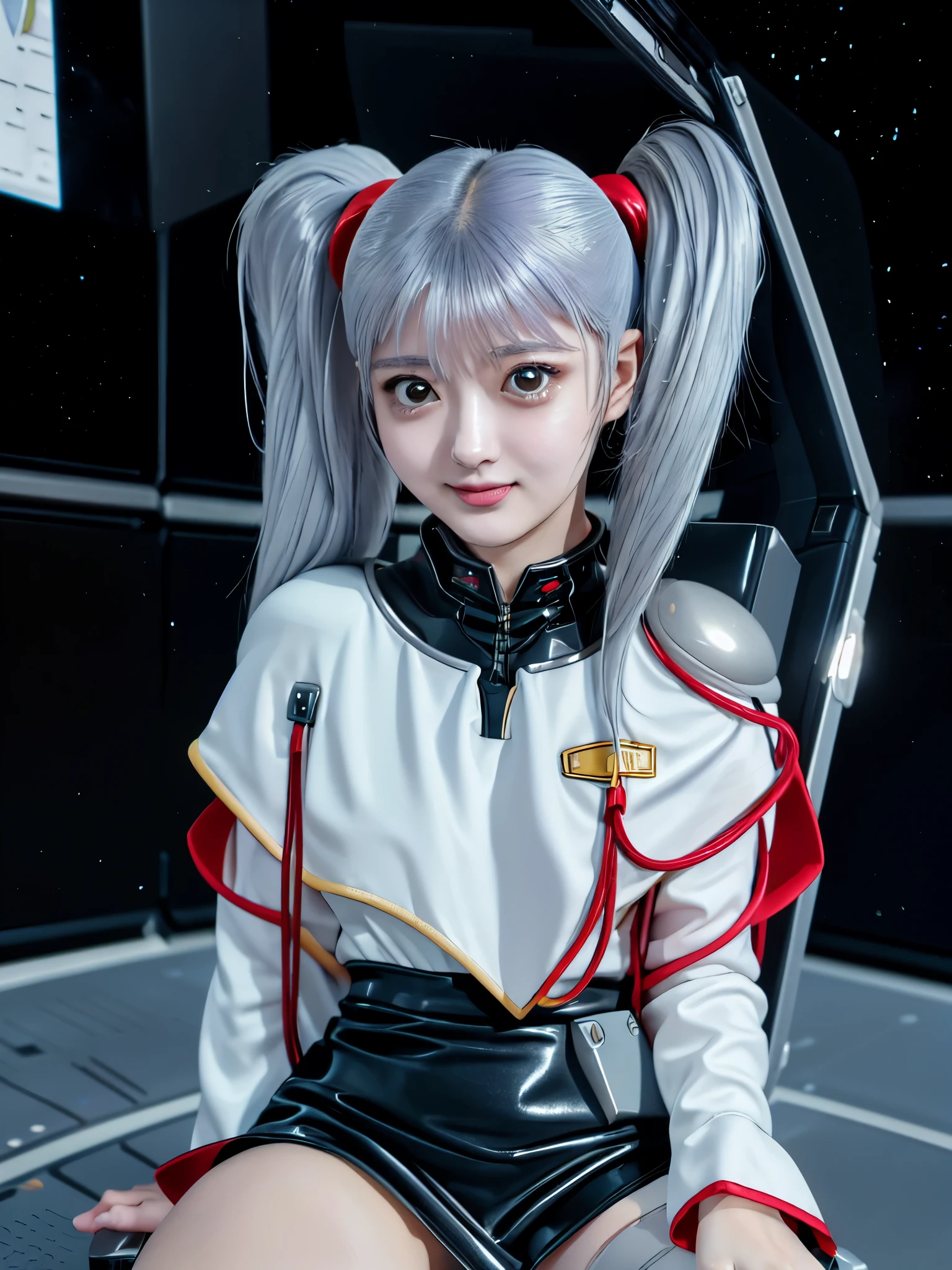 1girl, solo, 18 years old, beautiful girl, Japanese girl, (smile, Looking at camera), 
from below, from side, upper body, (Straddling a chair, Spread legs, Seductive pose, sexy pose), dynamic angle,
BREAK
bbruri, {white capelet, long sleeves, white gloves, ((black mini skirt:1.2)), pantyhose},
BREAK
hoshino_ruri_(nadesico),  yellow eyes, (light White Purple hair:1.2, long strand between eyes:1.5, very long twintails), hair ornament, 
BREAK
(((spacecraft, space, indoors, mecha))),
(masterpiece, best quality:1.4), (8k, raw photo, photo realistic:1.2), cinematic lighting, soft lighting, shiny skin, detailed skin, detailed face, detailed eyes, (textured skin, skin pores:1.1),
pale skin, fair skin, photo of perfecteyes eyes, perfecteyes eyes,