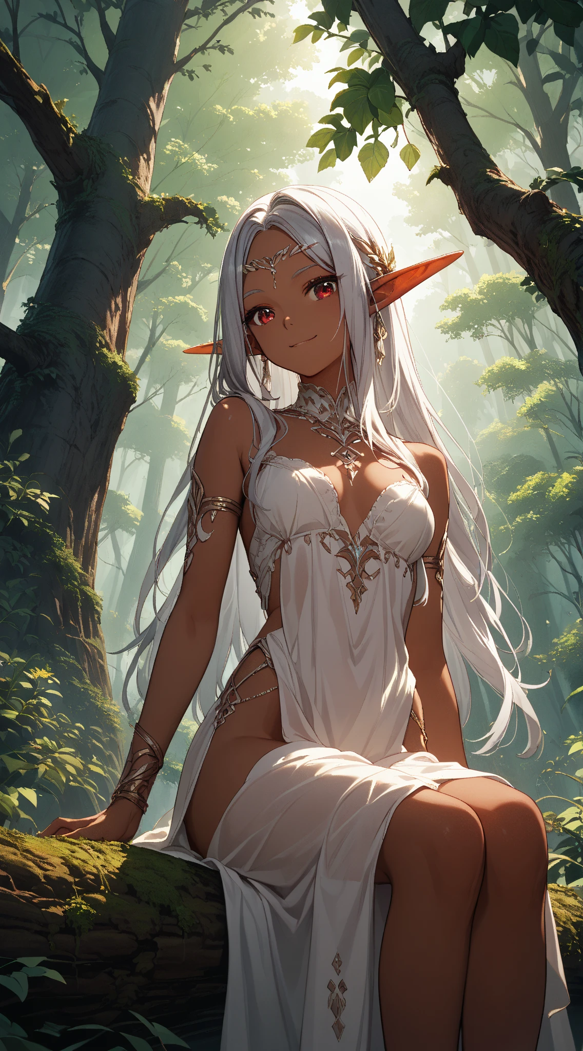 (((I want an elf girl with dark skin, white curly hair, detailed green eyes, a majestic body with full breasts, wearing a lightly low-cut white dress with peasant features and on her face a sweet smile)))