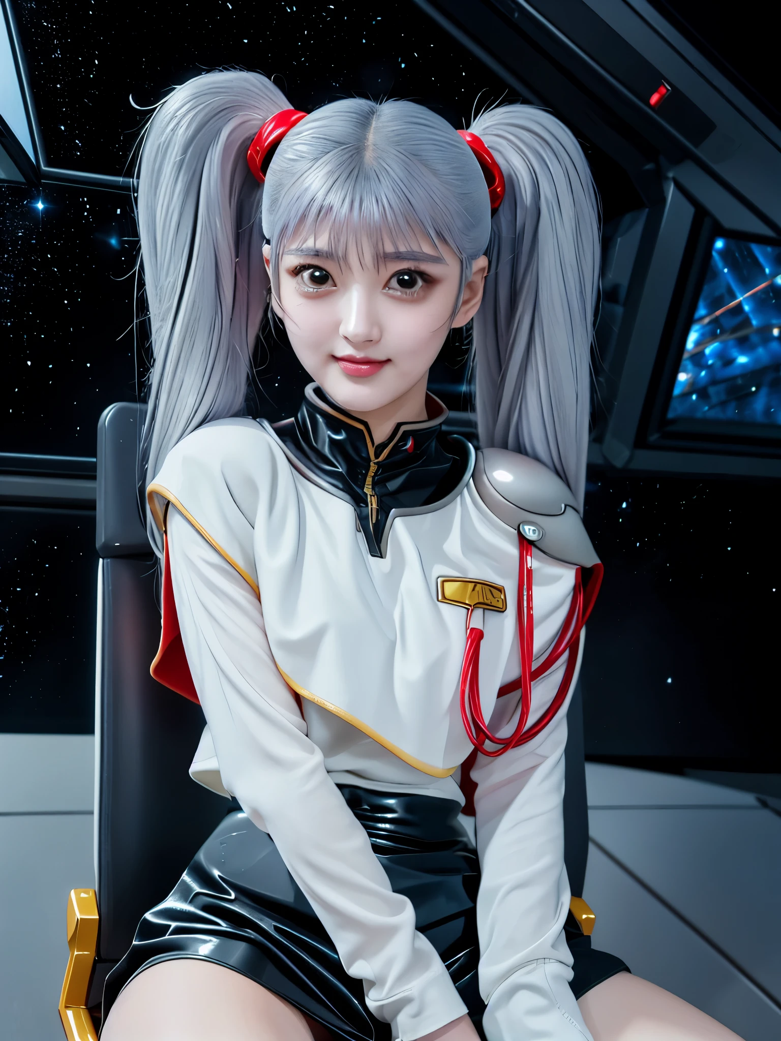 1girl, solo, 18 years old, beautiful girl, Japanese girl, (smile, Looking at camera),
upper body, (Straddling a chair, Spread legs, Seductive pose, sexy pose), dynamic angle,
BREAK
bbruri, {white capelet, long sleeves, white gloves, ((black mini skirt:1.2)), pantyhose},
BREAK
hoshino_ruri_(nadesico), yellow eyes, (light White Purple hair:1.2, long strand between eyes:1.5, very long twintails), hair ornament,
BREAK
(((spacecraft, space, indoors, mecha))),
(masterpiece, best quality:1.4), (8k, raw photo, photo realistic:1.2), cinematic lighting, soft lighting, shiny skin, detailed skin, detailed face, detailed eyes, (textured skin, skin pores:1.1),
pale skin, fair skin, photo of perfecteyes eyes, perfecteyes eyes,
