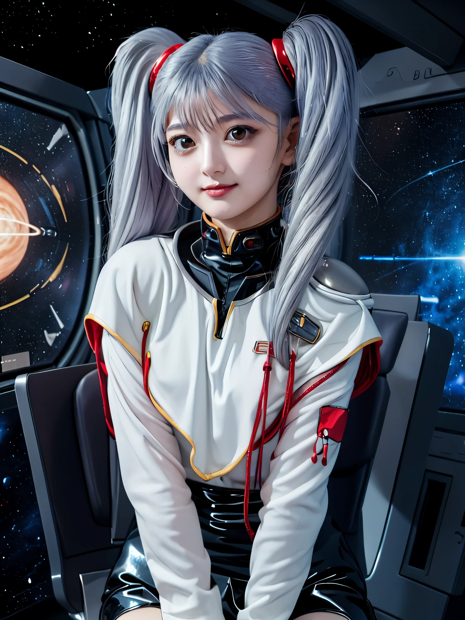 1girl, solo, 18 years old, beautiful girl, Japanese girl, (smile, Looking at camera), 
upper body, (Straddling a chair, Seductive pose, sexy pose), dynamic angle,
BREAK
bbruri, {white capelet, long sleeves, white gloves, ((black mini skirt:1.2)), pantyhose},
BREAK
hoshino_ruri_(nadesico),  yellow eyes, (light White Purple hair:1.2, long strand between eyes:1.5, very long twintails), hair ornament, 
BREAK
(((spacecraft, space, indoors, mecha))),
(masterpiece, best quality:1.4), (8k, raw photo, photo realistic:1.2), cinematic lighting, soft lighting, shiny skin, detailed skin, detailed face, detailed eyes, (textured skin, skin pores:1.1),
pale skin, fair skin, photo of perfecteyes eyes, perfecteyes eyes,