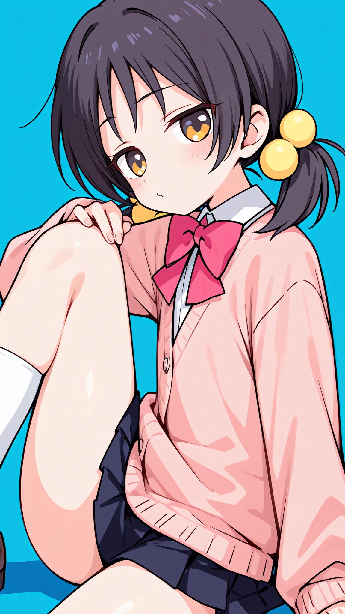 ((anime style)),nsfw,((sexy pose)),score_9, score_8_up, score_7_up, source_anime,high quality,detailed,high resolution,best quality,best detailed girl,masterpiece, 1girl , ((solo)),Kaai Yuki, a girl with dark hair, twin pigtails,cartoon-style outfit, light pink cardigan with a dark pink bow tie, (((((((((black mini skirt))))))))),(white sox),(brown loafers),Art, Artstyle, Artist,(((A glimpse of her thighs))),