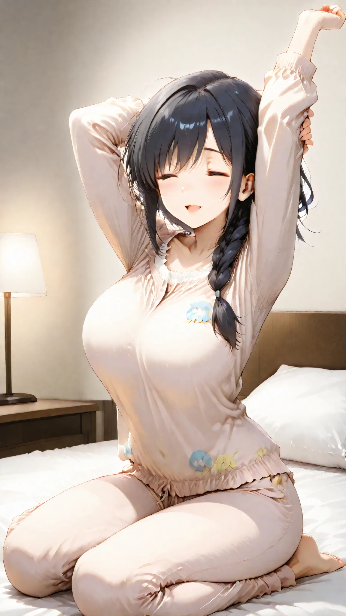 naked girl、big chest、mouth open、surprised、Lots of white fluid in the chest、Bed、Lots of sweat