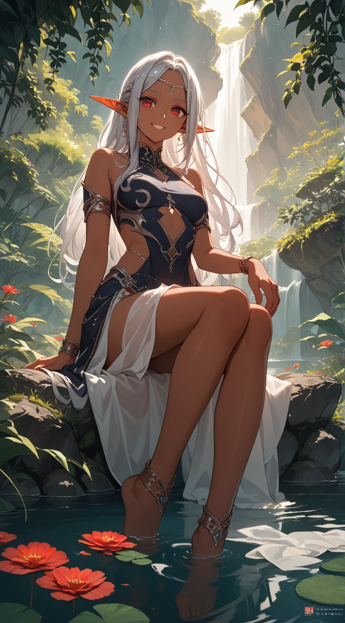 best quality, female, blushing, freckles, white hair, ((oiled skin)), (((adventurer clothing))), ((dungeon corridor)), (sitting on rock), (((topless))), skinny, (((1girl))), ((facing viewer)), (((thigh highs))), ((tiny breasts)), skirt