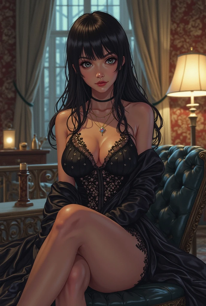 Gorgeous eyes, beautiful face, pale skin, freckles, black hair,(freckles:1.1), french braid, negligee, in bed, sitting, hand between legs, medium breasts, slim waist, wide hips, pantyhose, looking at viewer, arched back,from behind,